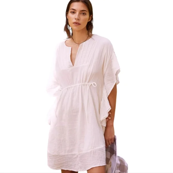 By Anthropologie Ruffled Cover-Up White Cottagecore Boho Mini Dress L/XL - Picture 6 of 10